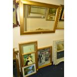 A MODERN GILT FRAMED BEVELLED EDGE WALL MIRROR, 109cm x 79cm together with four various gilt