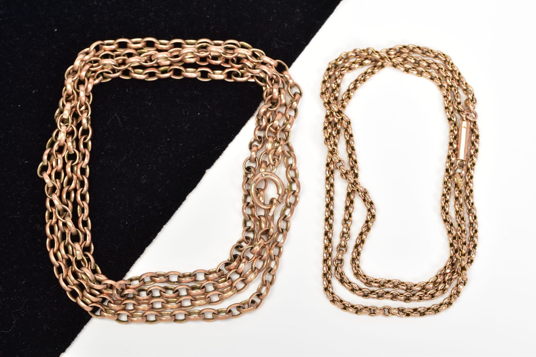 TWO CHAIN NECKLACES, to include an early 20th Century 9ct gold belcher link chain with tubular