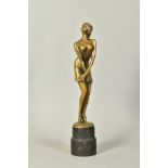 AFTER ARMAND GODARD, an Art Deco style patinated bronze figure of woman in coy pose, on plinth,