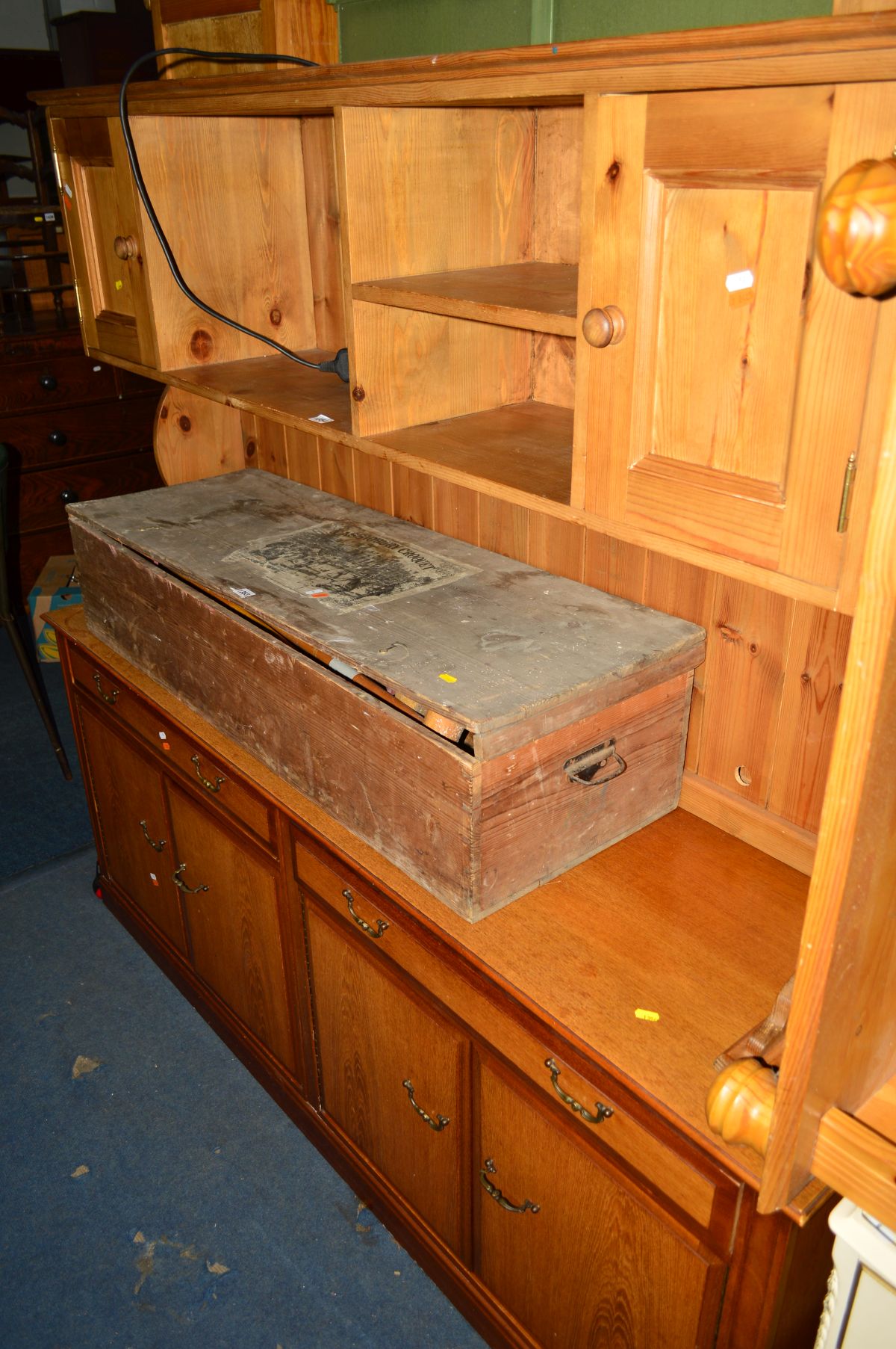 A MODERN PINE OPEN BOOKCASE together with a pine dresser (2)