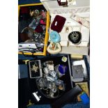 TWO BOXES OF COSTUME JEWELLERY AND A JEWELLERY BOX, to include necklaces, bangles, brooches,