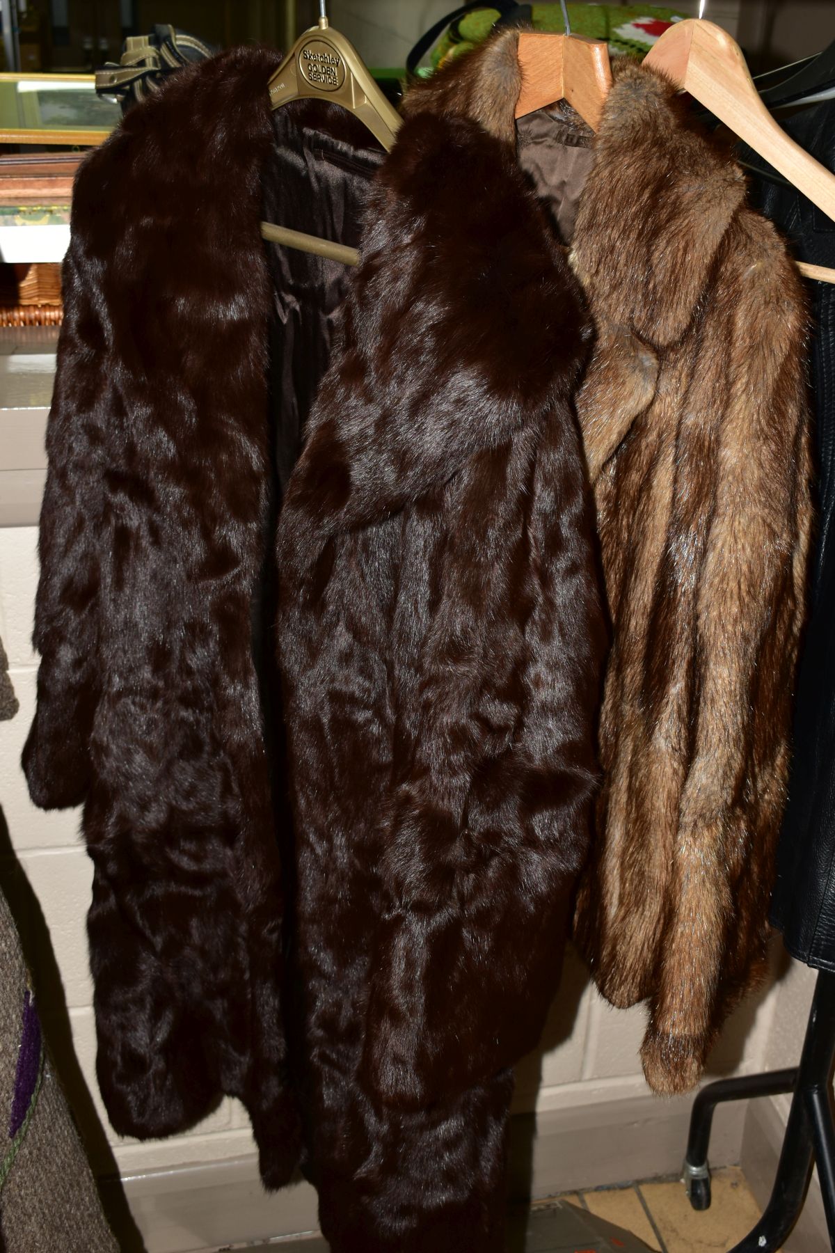 A 3/4 LENGTH MINK FUR COAT, a light brown fur jacket, a fur stole etc