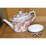 ROYAL CROWN DERBY, comprising 'Red Aves' teapot, height 17cm and an Imari '2451' sugar bowl,