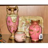 A ROYAL CROWN DERBY TWIN HANDLED VASE, gilt swag detailing on pink ground, backstamp with