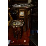 A 19TH CENTURY TUNBRIDGE WARE AND MOTHER OF PEARL INLAID HEXAGONAL OCCASIONAL TABLE, diameter 44cm x