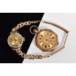TWO EARLY 20TH CENTURY GOLD WATCHES, a ladies gold wristwatch, round case measuring approximately