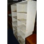 TWO DISTRESSED WHITE PAINTED OPEN BOOKCASES, width 125cm x depth 32cm x height 88cm