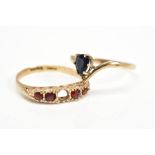 TWO 9CT GOLD RINGS, the first of boat design with circular cut garnets, 9ct hallmark for Birmingham,