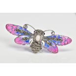 A PLIQUE-A-JOUR MARCASITE AND OPAL BUG BROOCH, designed as a moth with pink and blue plique-a-jour