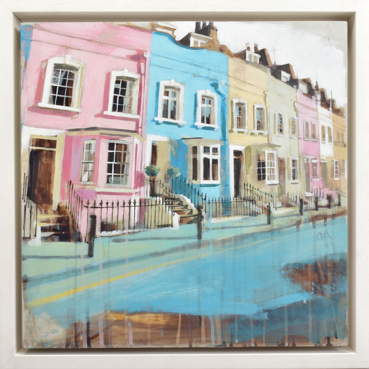 CAMILLA DOWSE (BRITISH 1968) 'IS IT A BOY OR A GIRL' pink and blue town houses, signed centre right,