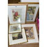 FOUR WATERCOLOUR PAINTINGS to include Marie Low, still life of carnations in a wicker basket, signed