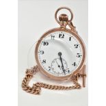 AN EARLY 20TH CENTURY 9CT GOLD OPEN FACED POCKET WATCH, white Arabic numeral dial, subsidiary