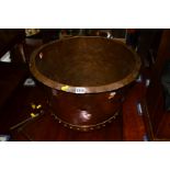 A LATE 19TH CENTURY RIVETED COPPER LOG BIN, diameter 51cm x height 35cm