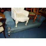 A DISTRESSED LATE 19TH CENTURY BLUE UPHOLSTERED THREE SEATER CHESTERFIELD SOFA on mahogany