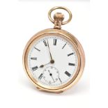 AN EDWARDIAN 9CT GOLD OPEN FACE POCKET WATCH, the white face with black Roman numerals and