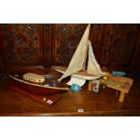 THREE VARIOUS PAINTED POND YACHTS, model of a boat, etc (5)