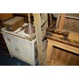 A PAINTED PINE TWO DOOR WASHSTAND, together with a painted drainage board, oak index cabinet, wooden