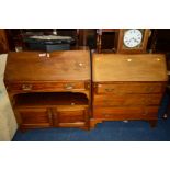 AN EDWARDIAN MAHOGANY AND BANDED FALL FRONT BUREAU, with three drawers, width 92cm x depth 46cm x