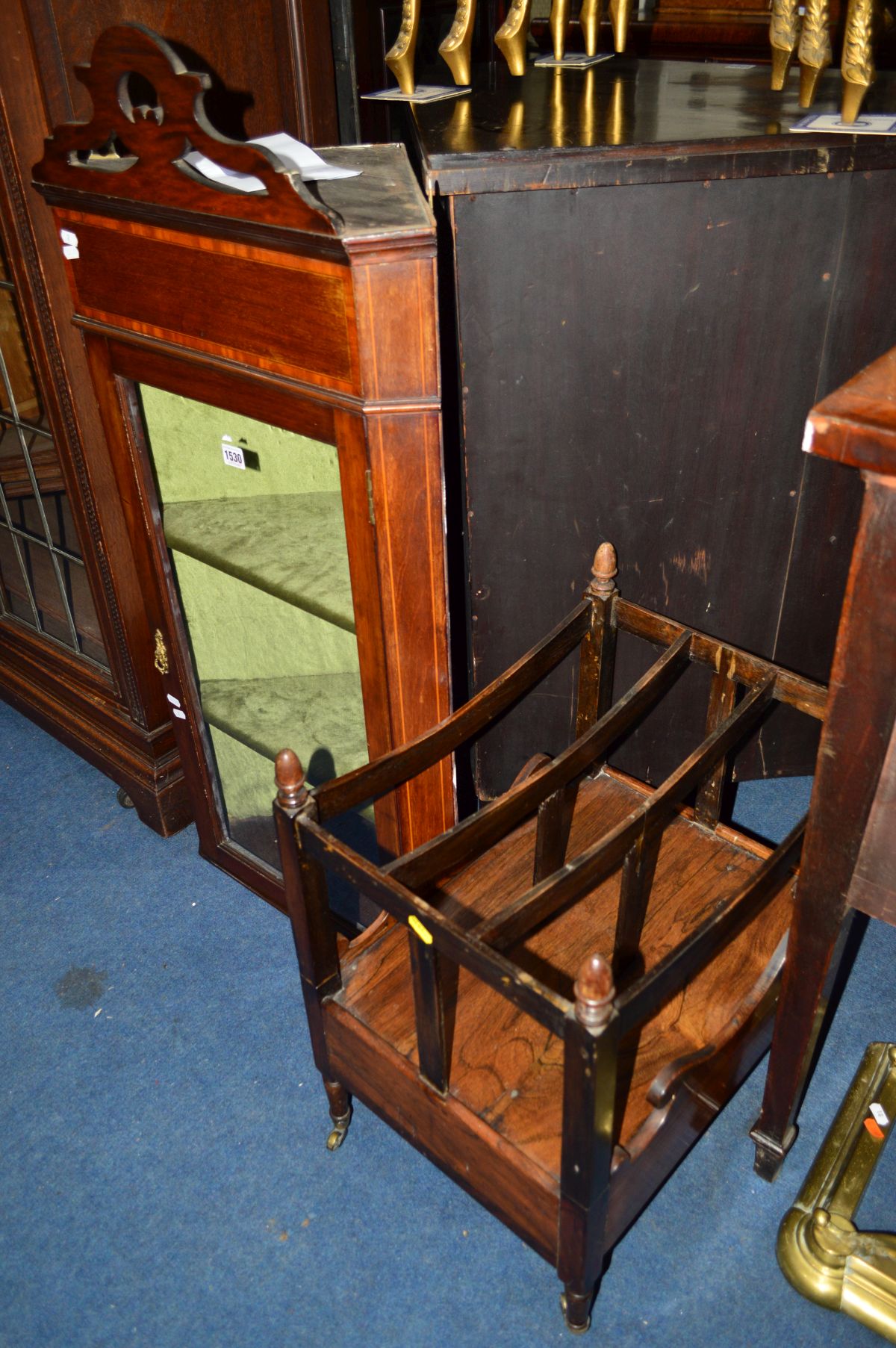 AN EDWARDIAN ROSEWOOD CANTERBURY with one drawer, width 48cm x depth 36cm x height 57cm, an