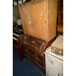 A PINE CABINET, together with an oak fall front bureau and a darts board with double doors (3)