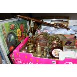 TWO BOXES OF MISCELLANEOUS ITEMS to include table linen, brassware, copperware, pictures, brass coal