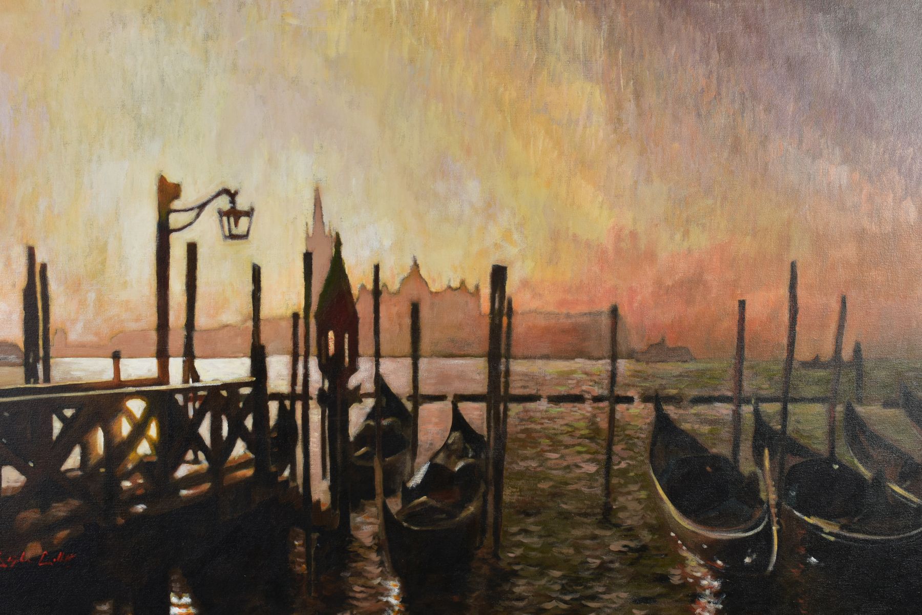 STEPHEN COLLETT (BRITISH CONTEMPORARY) 'GONDOLAS AT SUNRISE' an early morning Venetian scene, signed - Image 2 of 4