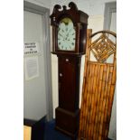 A GEORGE III OAK EIGHT DAY LONGCASE CLOCK, the hood with a swan neck pediment, flanked by