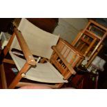 A MID 20TH CENTURY BEECH AND FABRIC ARMCHAIR, a folding beech directors chair, together with a