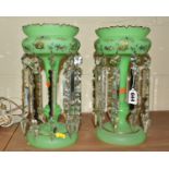A PAIR OF VICTORIAN GREEN SATIN GLASS LUSTRES, having painted floral and foliage with gilt