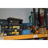 A PLASTIC TOOL BOX AND NINE SMALLER TOOL BOXES CONTAINING VARIOUS TOOLS together with two Black