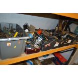 FIVE BOXES AND A TOOLBOX OF VARIOUS HAND TOOLS, including a Bench grinder, jigsaw, and Workmate, etc