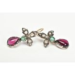 A PAIR OF DROP EARRINGS, a pear-shaped cabochon cut garnet suspended from a trefoil of emerald and