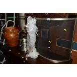 A TREACLE GLAZED URN with triple handles together with various aluminium fire accessories to include