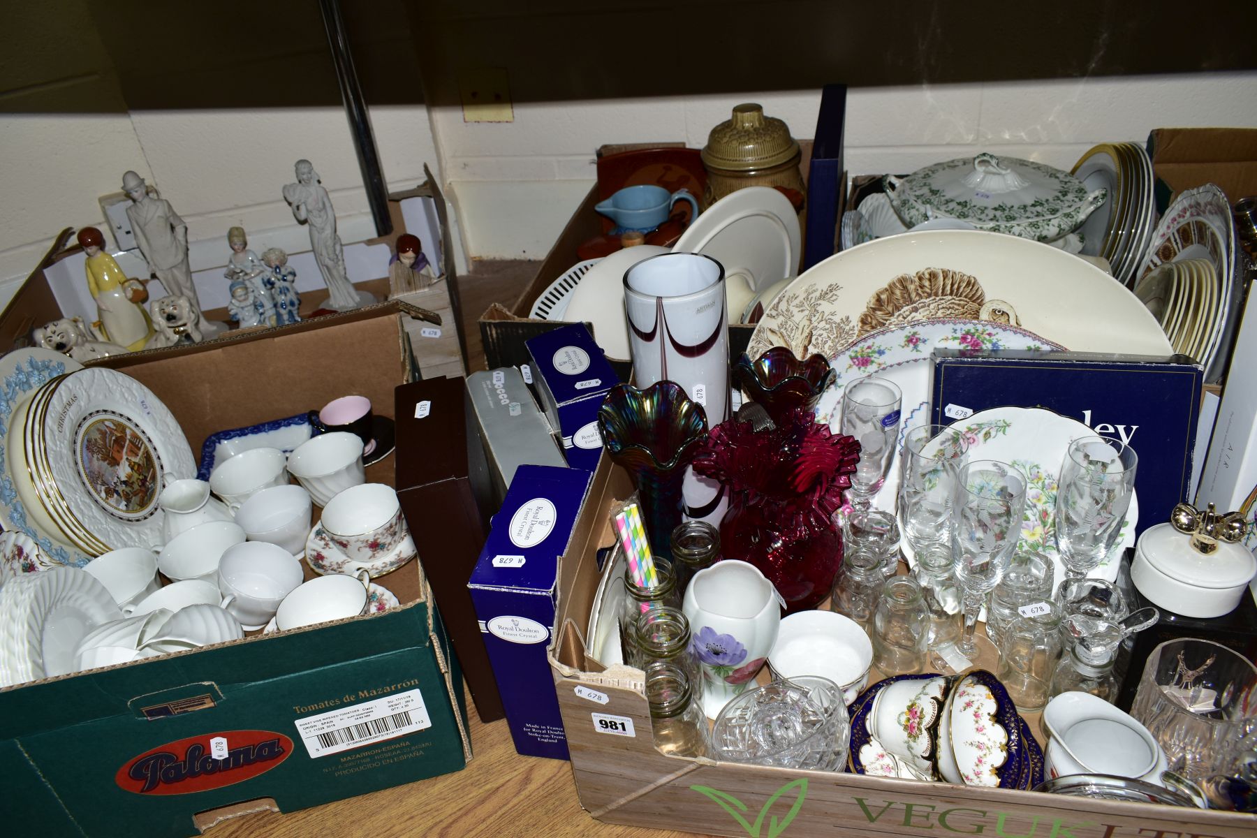 FIVE BOXES AND LOOSE CERAMICS AND GLASSWARE, to include Minton 'Ancestral' tea cups and saucers,