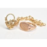 A 9CT GOLD BRACELET AND RING, the 9ct gold signet ring with engraved scrolling initials, ring size
