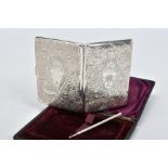 A CASED LATE VICTORIAN SILVER RECTANGULAR CARD CASE, engine turned and foliate engraved