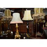 A PAIR OF MODERN BLACK AND GILT GREEK STYLE TABLE LAMPS with fabric shades together with two other