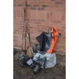 THREE GALVANISED WATERING CANS together with a collection of garden hand tools, fuel can, Flymo