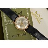 A CASED 9CT GOLD ASTERAL WRISTWATCH, silvered dial with alternate yellow metal Arabic numeral and