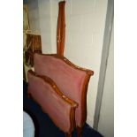 A LATE 20TH CENTURY MAHOGANY 5FT FRENCH SLEIGH BED FRAME, with pink upholstery and side rails