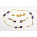 A LAPIS LAZULI NECKLACE AND EARRINGS, the necklace designed with six oval lapis lazuli cabochons