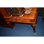 A VICTORIAN WALNUT SIDE TABLE with a raised back, two drawers on four bulbous and cylindrical