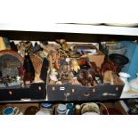 FIVE BOXES AND LOOSE OF SUNDRY ITEMS to include leather covered jumping horse, treen, metalware