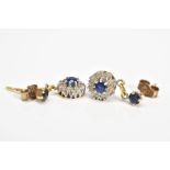 A PAIR OF 18CT GOLD SAPPHIRE AND DIAMOND EARRINGS, each designed as a central circular sapphire