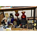 THREE BOXES AND LOOSE CERAMICS, SUNDRIES, PICTURES, etc, to include oil lamp, glass reservoir and