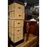 A MODERN MAHOGANY NEST OF THREE TABLES together with chrome and wicker storage chest of five drawers