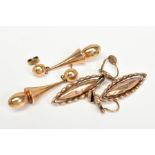 TWO PAIRS OF LATE 19TH TO EARLY 20TH CENTURY GOLD DROP EARRINGS, one pair a smooth bomb style
