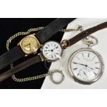 A 9CT GOLD CASED WRISTWATCH AND TWO ADDITIONAL POCKET WATCHES, firstly the wristwatch has a
