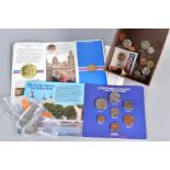 A SMALL BOX CONTAINING YEAR SETS OF COINS 1983, two UNC one pound coins 1983 to include a George