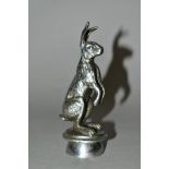 A DESMO CHROME PLATED CAR MASCOT, shaped as a hare on hind legs, marked Desmo to base, height 13cm